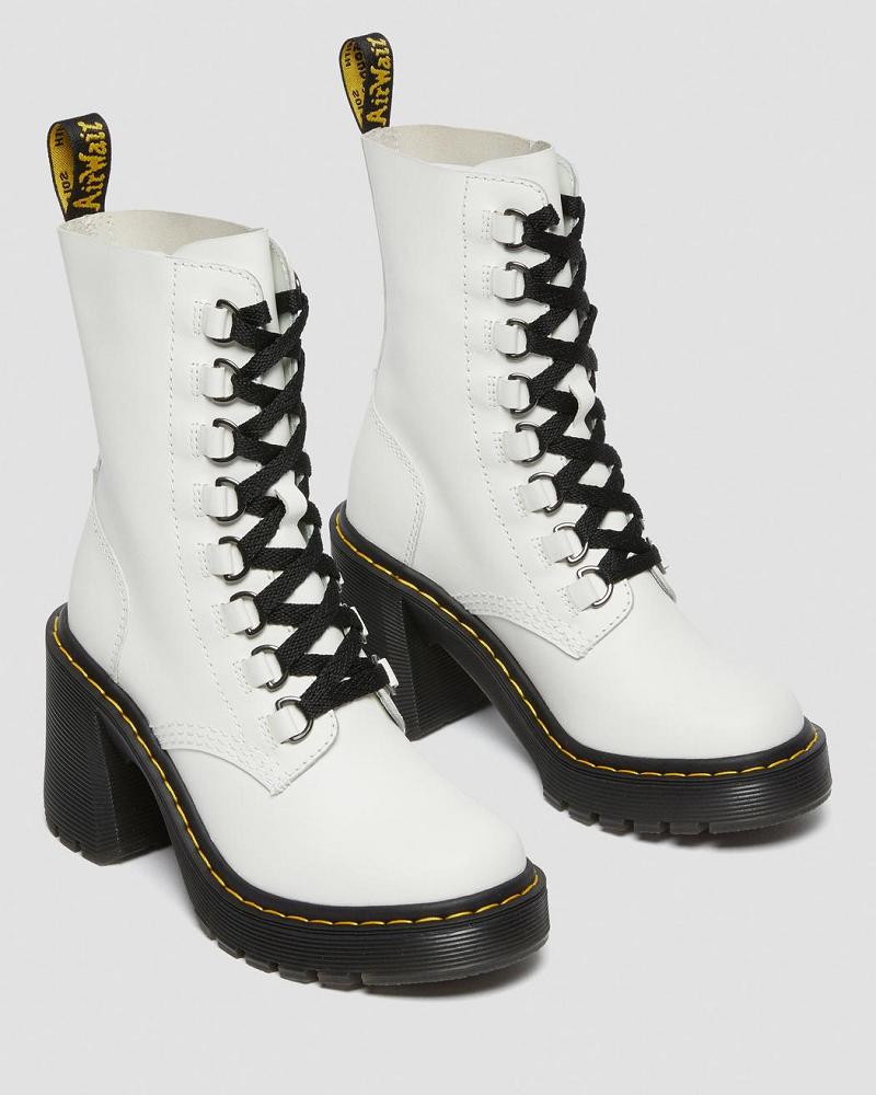 Dr Martens Chesney Lær Flared Heel Støvler Med Hæl Dame Hvite | Norge 633RVD